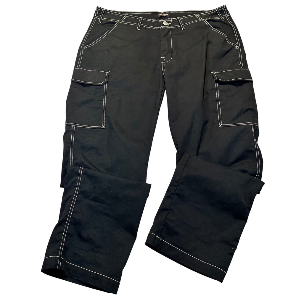 True Religion Cargo Pants Mens 38 Black Contrast Stitch Y2K Streetwear Utility